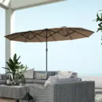 Garden Parasol 14.4 ft. Double-Sided Sun Umbrella with Base, Patio Parasol with LED Solar Lights, Khaki - Image 9