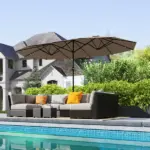 Garden Parasol 14.4 ft. Double-Sided Sun Umbrella with Base, Patio Parasol with LED Solar Lights, Khaki - Image 10