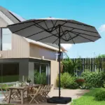Outsunny Garden Parasol 14.4ft Double-Sided Sun Umbrella with Base, Patio Parasol with LED Solar Lights, Gray - Image 8