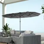 Outsunny Garden Parasol 14.4ft Double-Sided Sun Umbrella with Base, Patio Parasol with LED Solar Lights, Gray - Image 9