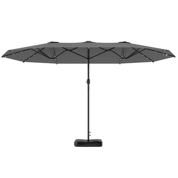 garden-parasol-144ft-double-sided-sun-umbrella-with-base-patio-parasol-with-led-solar-lights-gray.webp Outsunny Garden Parasol 14.4ft Double-Sided Sun Umbrella with Base, Patio Parasol with LED Solar Lights, Gray - Image 1
