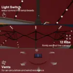 Garden Parasol 14.4ft Double-Sided Sun Umbrella with Base, Patio Parasol with LED Solar Lights, Wine Red - Image 5