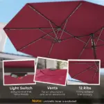 Outsunny Garden Parasol, Double-Sided Sun Umbrella with LED Solar Lights, Patio Parasol for Outdoor, Wine Red - Image 5