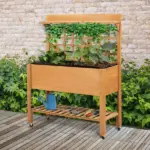 Garden Raised Bed with Shelf Wheels Wooden Planter Box for Vegetables Flowers Brown - Image 2