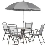 Garden Soiree: 6-Piece Gray Patio Dining Set with Umbrella and Glass Table