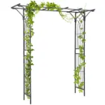 82 Inch Steel Garden Trellis Arch with Scrollwork, Dark Gray