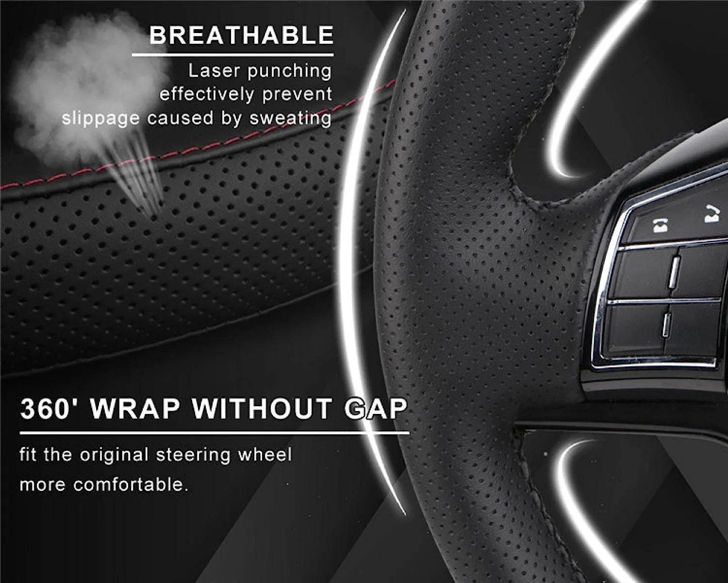 Genuine Cowhide Stitch-On Steering Wheel Cover for 15 Inch Wheels Black