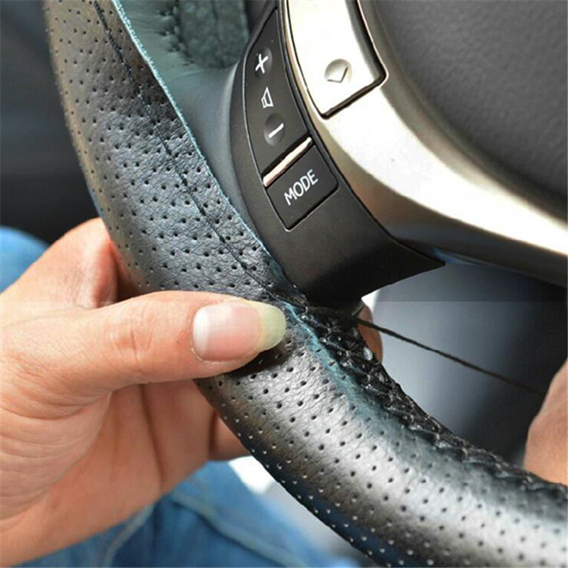 Genuine Cowhide Stitch-On Steering Wheel Cover for 15 Inch Wheels Black