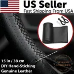 Genuine Cowhide Stitch-On Steering Wheel Cover for 15 Inch Wheels Black