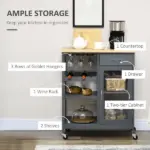 Gray Kitchen Island Cart, Rolling Utility Cart with Wine Rack, Shelves and Cabinet - Image 4