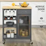 Gray Kitchen Island Cart, Rolling Utility Cart with Wine Rack, Shelves and Cabinet - Image 6