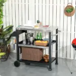 Outsunny Grill Cart Table Outdoor, 3-Shelf Stainless Steel, Pizza Oven Stand, Black with BBQ Wheels and Side Handle - Image 2