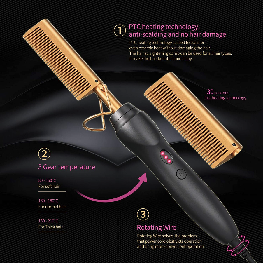 Electric Ceramic Hot Comb Hair and Beard Straightener 3 Heat Settings