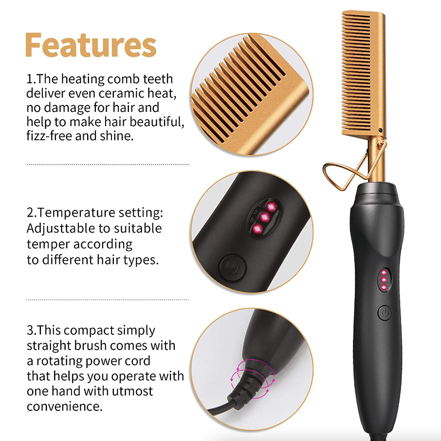 Electric Ceramic Hot Comb Hair and Beard Straightener 3 Heat Settings