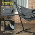 Hammock Chair Outdoor with Stand, Swing Hanging Lounge, Dark Gray, Side Pocket Headrest - Image 5