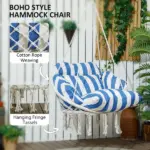 Outsunny Hammock Swing Chair, Macrame Hanging Chair with Large Cushion, Chain, Steel Frame for Indoor Outdoor Use, Blue and White - Image 5