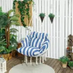 Outsunny Hammock Swing Chair, Macrame Hanging Chair with Large Cushion, Chain, Steel Frame for Indoor Outdoor Use, Blue and White - Image 10