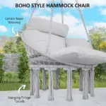 Outsunny Hammock Swing Chair, Macrame Hanging Chair with Large Cushion, Chain, Steel Frame for Indoor Outdoor Use, Gray - Image 5
