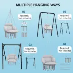 Outsunny Hammock Swing Chair, Macrame Hanging Chair with Large Cushion, Chain, Steel Frame for Indoor Outdoor Use, Gray - Image 7