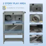 PawHut Hamster Cage Wooden 2-Tier Small Animal Hutch Exercise Playhouse Grey - Image 4
