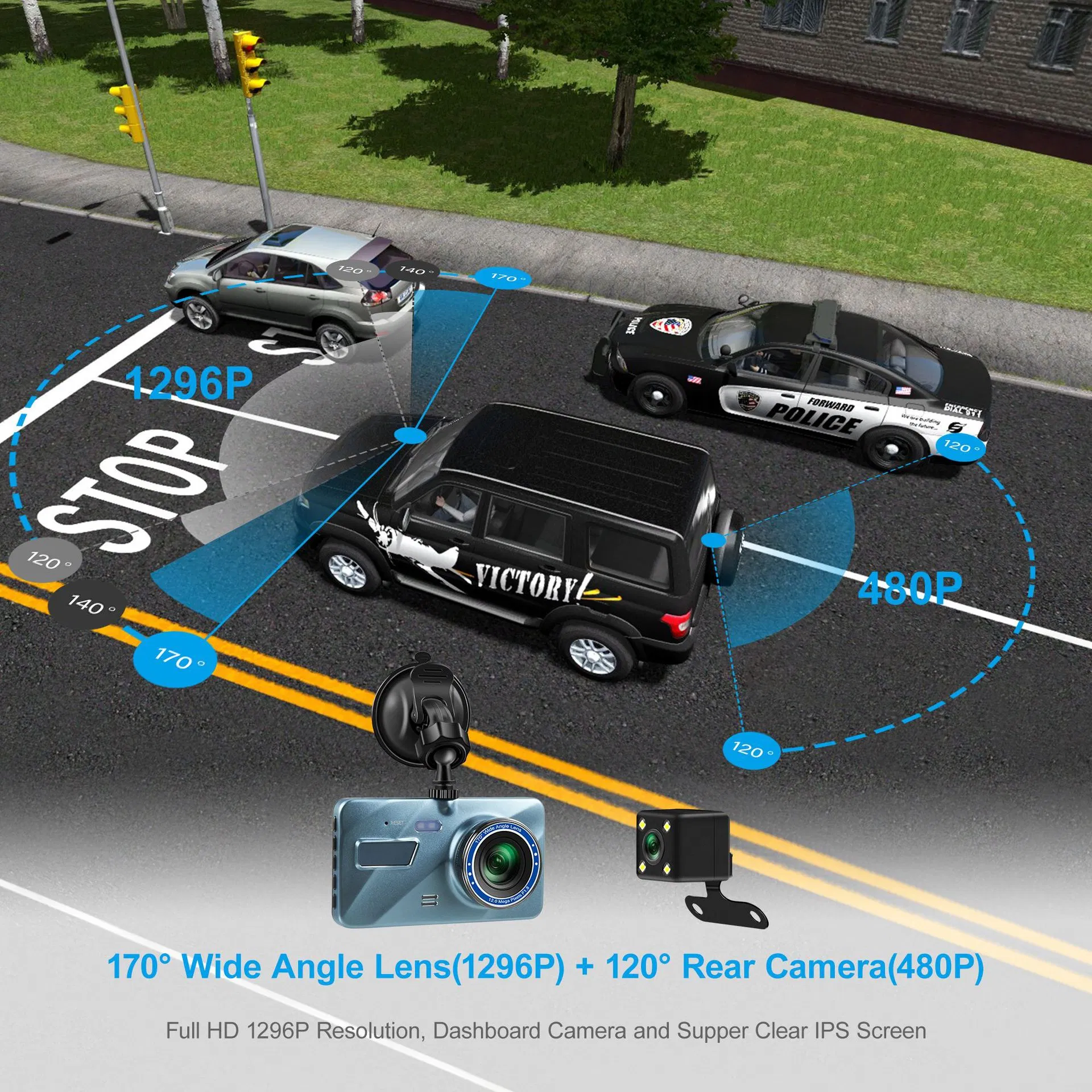 4 Inch Dual Lens Dash Cam with 1296P Front and 720P Rear Camera