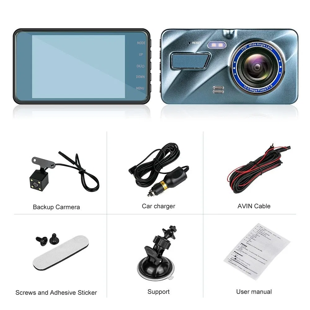 4 Inch Dual Lens Dash Cam with 1296P Front and 720P Rear Camera