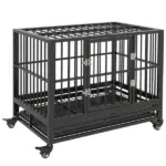 Heavy Duty Dog Cage 36 Metal Kennel with Lockable Wheels Double Door Removable Tray Gray