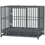 Heavy Duty Dog Cage 42 Metal Kennel with Wheels Double Door Removable Tray Gray - Image 11