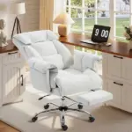 HOMCOM High Back Office Chair, Reclining Desk Chair with Footrest, High Resilience Foam, Rolling Wheels, Cream White - Image 2