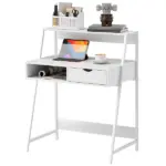 Home Office desk, Computer Desk for Small Spaces, Study Table with Drawer and Storage Shelves, White - Image 11