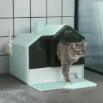 PawHut Hooded Cat Litter Box with Mat, Particle Catching, Easy Clean, Light Blue - Image 2