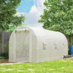 Outsunny Hoop House Greenhouse, Walk-in Tunnel Greenhouse with 2 Support Rods, Zippered Roll-up Mesh Door, 14.6 ft x 6.5 ft x 6.6 ft, White - Image 2