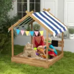 House-Themed Sandbox, Wooden Kids Outdoor Play Area with Canopy, Brown, Imaginative Play for Ages 3-7 - Image 2