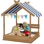 House-Themed Sandbox, Wooden Kids Outdoor Play Area with Canopy, Brown, Imaginative Play for Ages 3-7 - Image 11