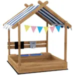House-Themed Sandbox, Wooden Kids Outdoor Play Area with Canopy, Brown, Imaginative Play for Ages 3-7