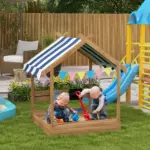 House-Themed Sandbox, Wooden Kids Outdoor Play Area with Canopy, Brown, Imaginative Play for Ages 3-7 - Image 10