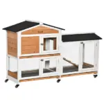 Indoor Rabbit Enclosure, Mobile 62" Wooden with Wheels Yellow Slide-Out Tray and Ramp Pet Cage - Image 11