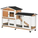 Indoor Rabbit Enclosure, Mobile 62" Wooden with Wheels Yellow Slide-Out Tray and Ramp Pet Cage