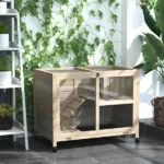 PawHut Indoor Rabbit Enclosure, Rolling Wooden Cage with Wheels Lockable Doors Run Ramp for Bunny Guinea Pig Hamster Natural - Image 2