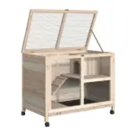 PawHut Indoor Rabbit Enclosure, Rolling Wooden Cage with Wheels Lockable Doors Run Ramp for Bunny Guinea Pig Hamster Natural - Image 9