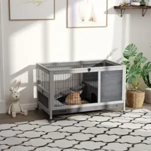 indoor rabbit enclosure wooden elevated indoor cage habitat with no leak tray wheels for rabbits guinea pigs gray 1