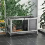 Indoor Rabbit Enclosure, Wooden Elevated Indoor Cage Habitat with No Leak Tray Wheels for Rabbits Guinea Pigs Gray - Image 11