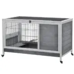 Indoor Rabbit Enclosure, Wooden Elevated Indoor Cage Habitat with No Leak Tray Wheels for Rabbits Guinea Pigs Gray