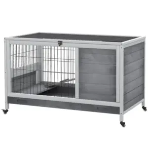 indoor rabbit enclosure wooden elevated indoor cage habitat with no leak tray wheels for rabbits guinea pigs gray