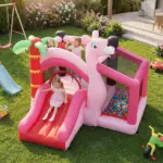 Qaba Inflatable Bounce House with Ball Pool, Basketball Hoop, Jumping Bouncy Castle with Blower for Indoor Outdoor, Pink - Image 2