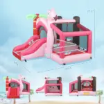 Qaba Inflatable Bounce House with Ball Pool, Basketball Hoop, Jumping Bouncy Castle with Blower for Indoor Outdoor, Pink - Image 3