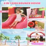 Qaba Inflatable Bounce House with Ball Pool, Basketball Hoop, Jumping Bouncy Castle with Blower for Indoor Outdoor, Pink - Image 4