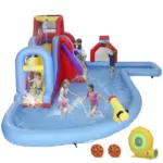 Qaba Inflatable Water Slide 6-in-1 with 480W Blower, Bounce House with Climbing Wall, Splashing Pool, Basketball Hoop