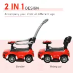 Kids 3 in 1 Push Car Ride-On Stroller Sliding Walking Toy with Horn Music Light Secure Bar for Boys Girls 1-3 Years Old Red - Image 5