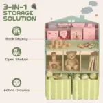 Qaba Kids Bookshelf with Storage, Toy Storage Unit with Book Display, Shelves and Fabric Drawers for Playroom Nursery, Green - Image 4